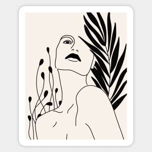 Woman Portrait And Plant Leaves Line Art Sticker